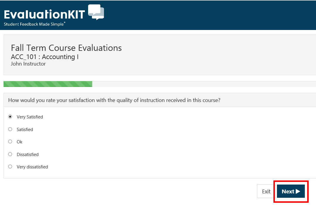 The course evaluation page showing a question with response options and a next button.
