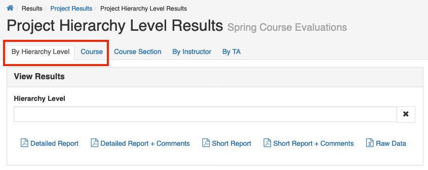 The results page showing tabs for viewing project results by hierarchy level or by course.