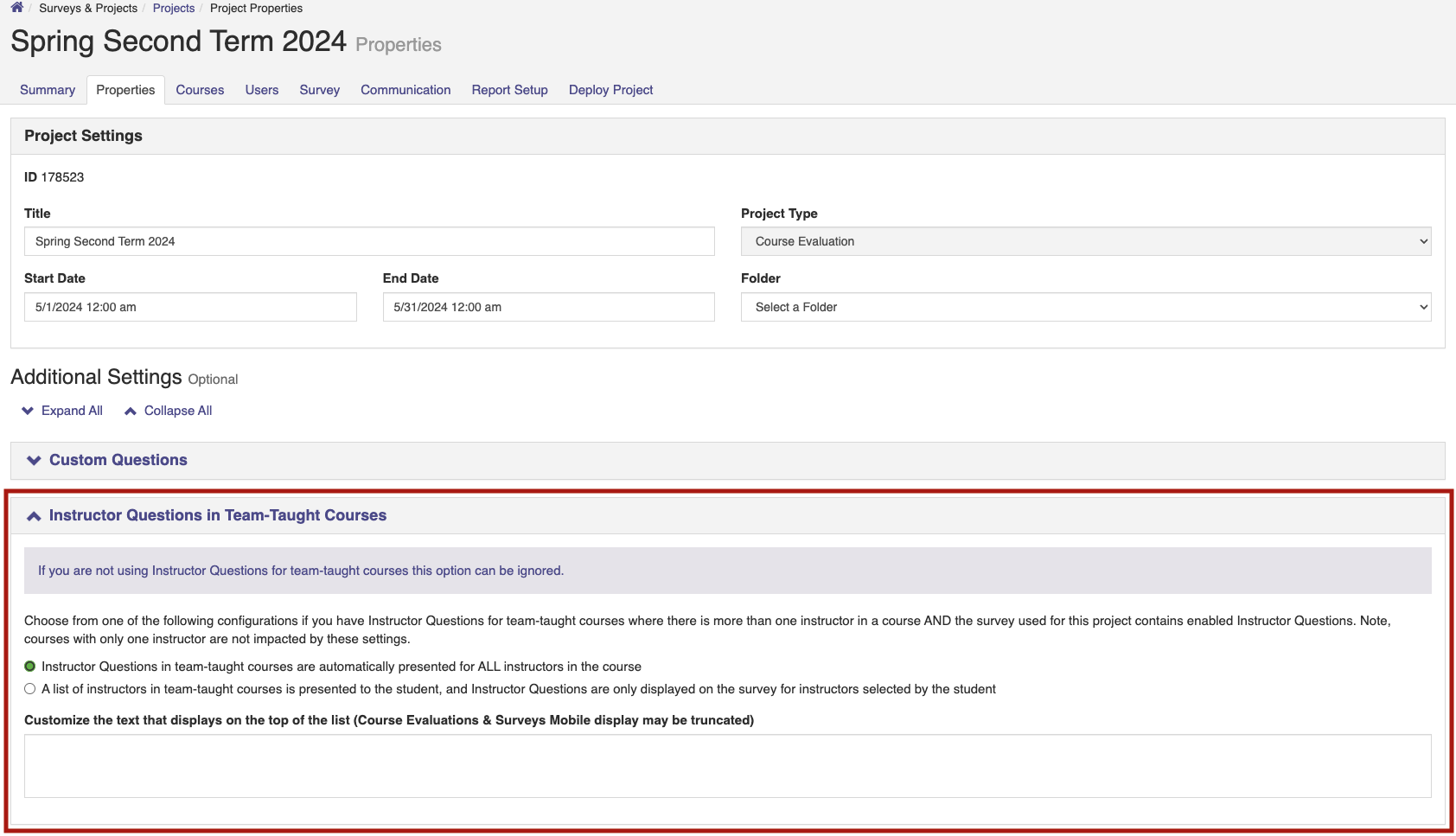 A Project Properties page showing the Instructor Questions in Team-Taught Courses section with configuration options for how instructor questions appear in surveys.
