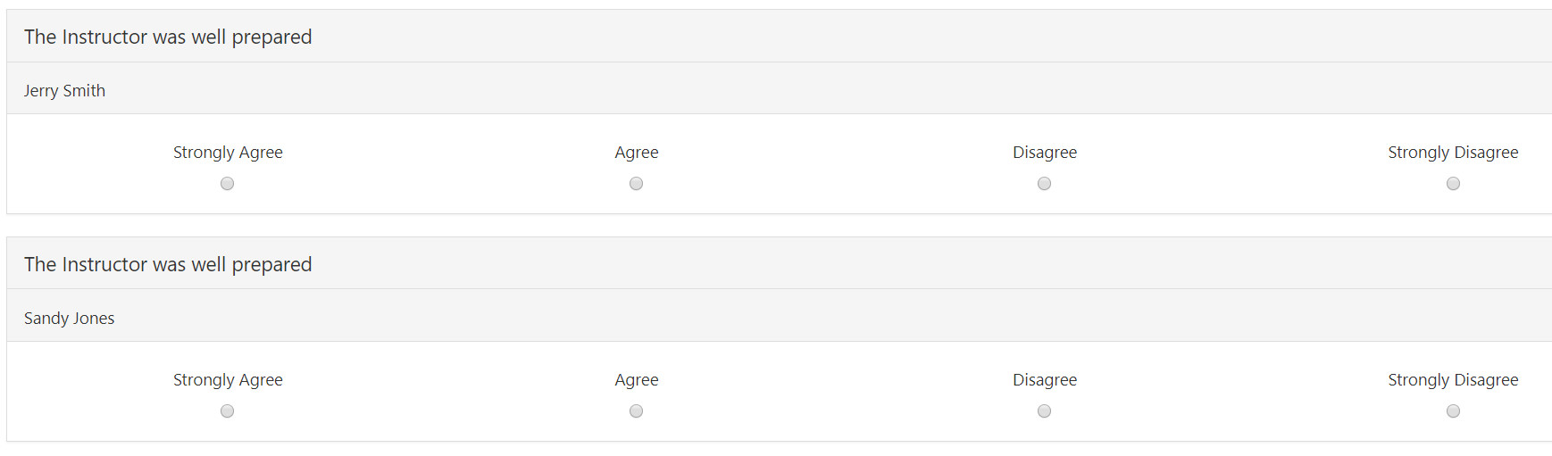 The evaluation page showing repeated instructor rating items, each with a prompt about instructor preparation followed by an agreement scale.