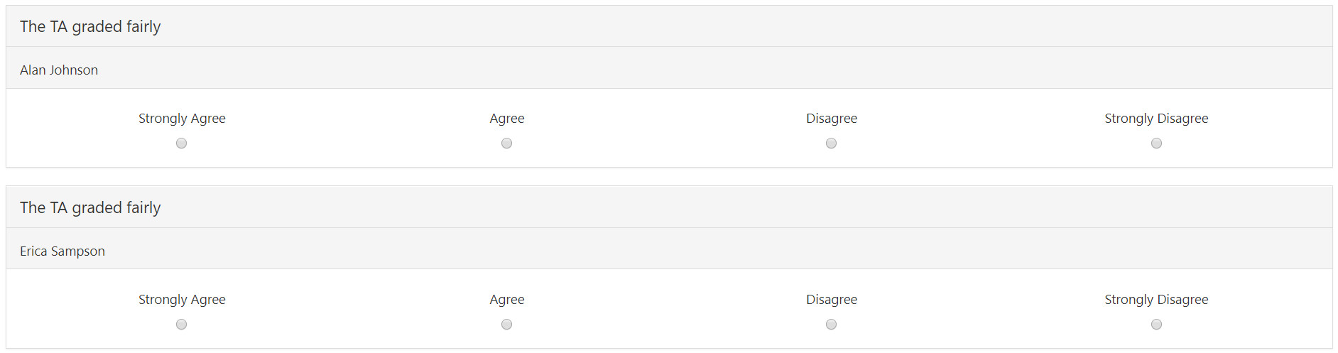 The evaluation page showing repeated TA rating items, each with a prompt about fair grading followed by an agreement scale.