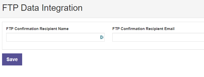 The FTP Data Integration page showing fields to enter an FTP confirmation recipient name and email, along with a save button.