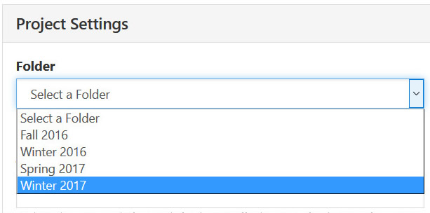 The Project Settings page showing a folder dropdown menu expanded to display available term folders, with 'Winter 2017' highlighted.