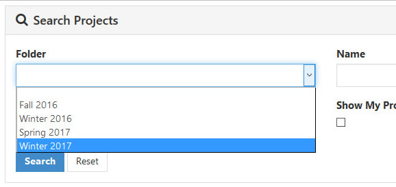 The Search Projects page showing a folder dropdown menu expanded to display available term folders, with 'Winter 2017' highlighted.