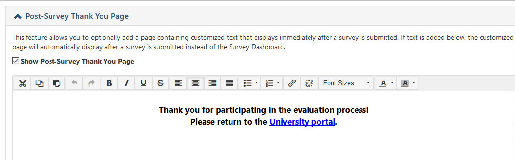 The Post‑Survey Thank You Page section showing an editor with customized thank‑you text.