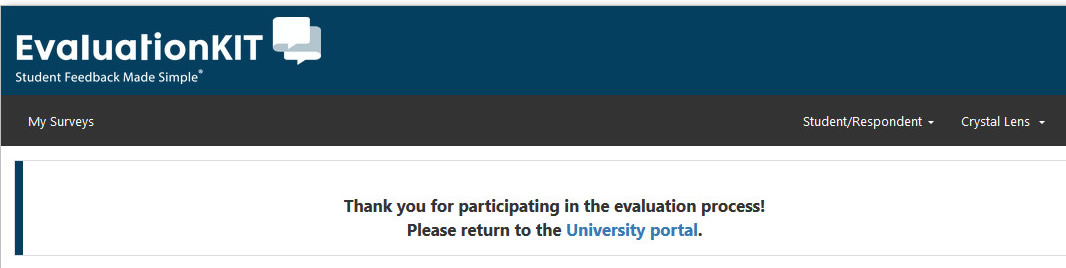 The thank‑you page showing a message thanking the participant and a link to return to the university portal.