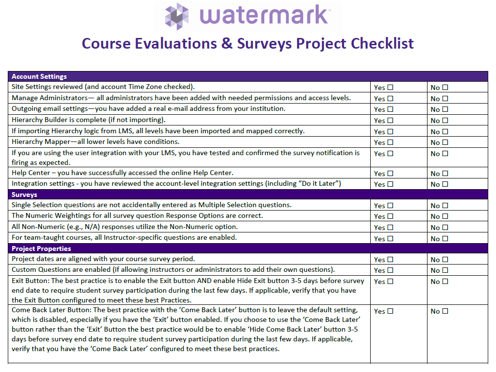 The Course Evaluations & Surveys Project Checklist showing sections for Account Settings, Surveys, and Project Properties with Yes and No checkboxes beside each checklist item.