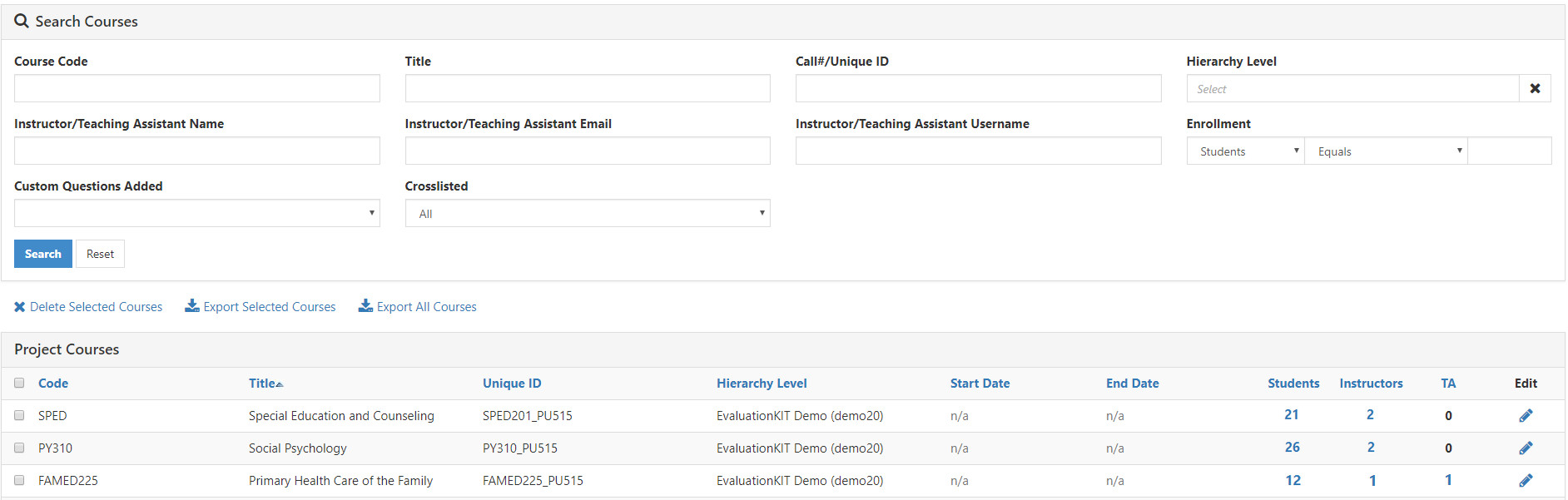 The Search Courses page showing a set of course and instructor filters above a table listing project courses.
