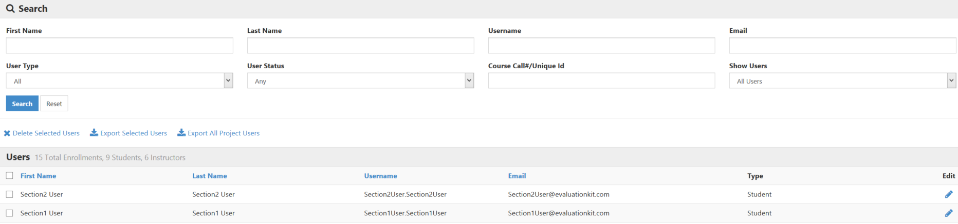 The Search page showing user filter fields above a table listing users.