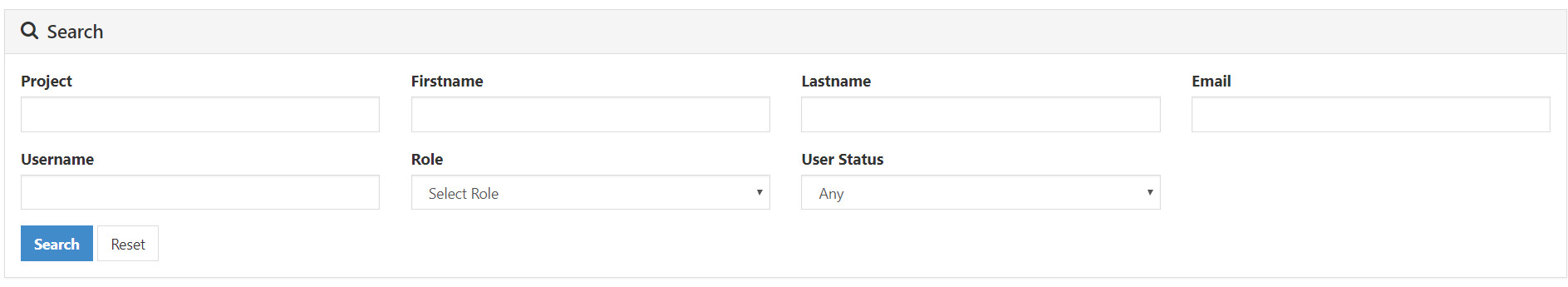 The Search panel showing project and user filter fields.