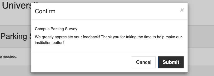 The confirmation dialog showing a message thanking the respondent for their feedback, with options to cancel or submit.