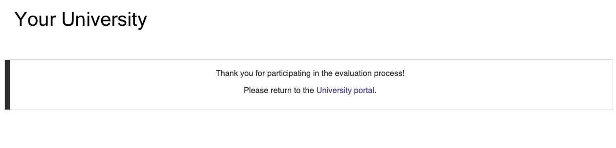 The post‑survey thank‑you page showing a message of appreciation with a link returning participants to the university portal.