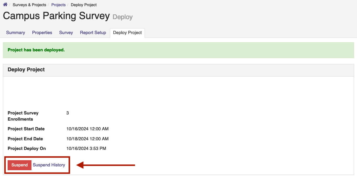 The Deploy Project page showing project deployment details with options to suspend the project or view suspend history.
