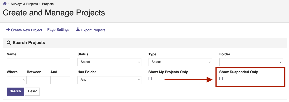 The Create and Manage Projects page showing search filters with an option to display only suspended projects.