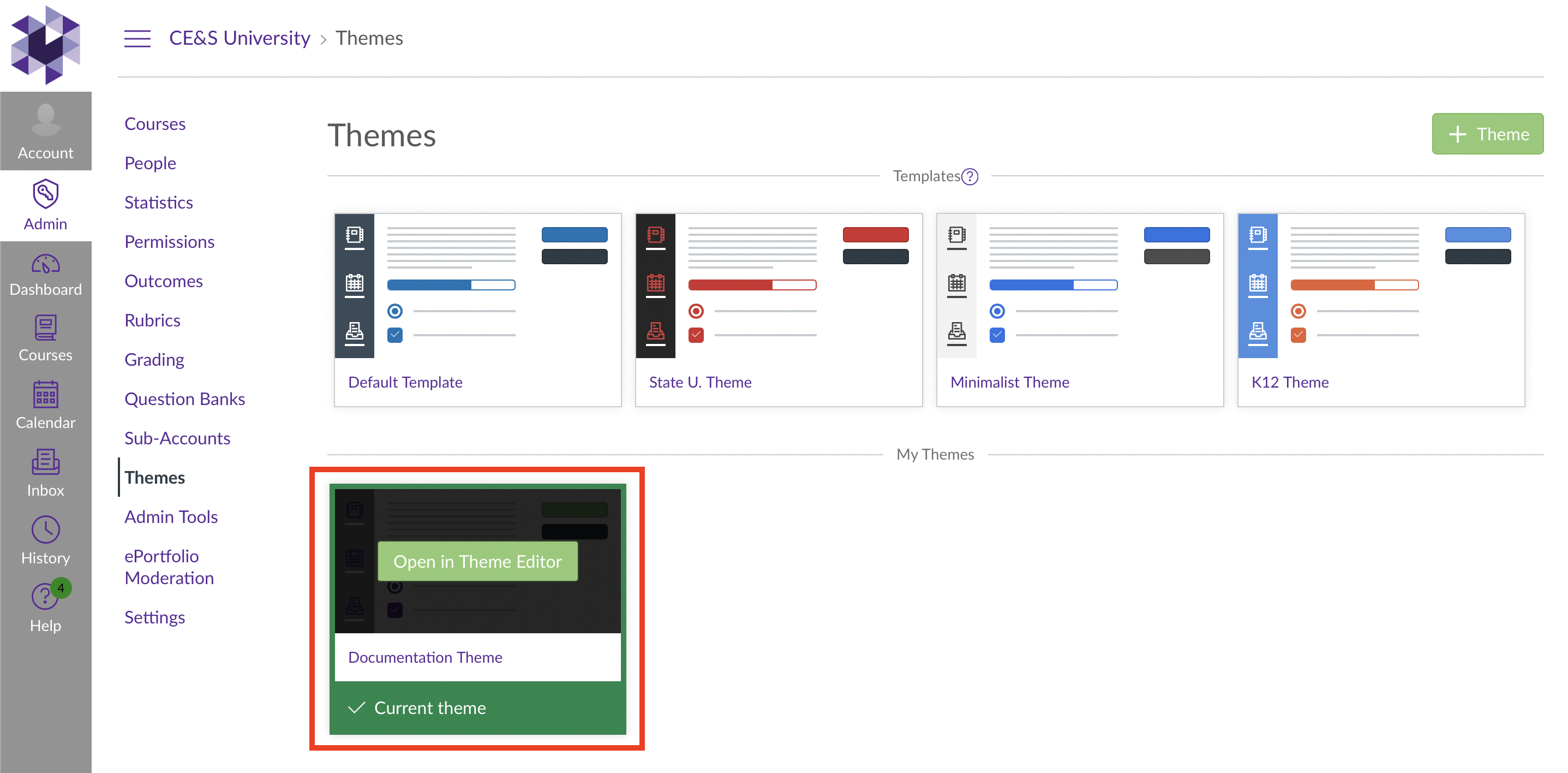 The Themes page showing multiple preset templates at the top and a My Themes section below, with the Documentation Theme tile outlined and displaying an Open in Theme Editor button and a Current Theme label.