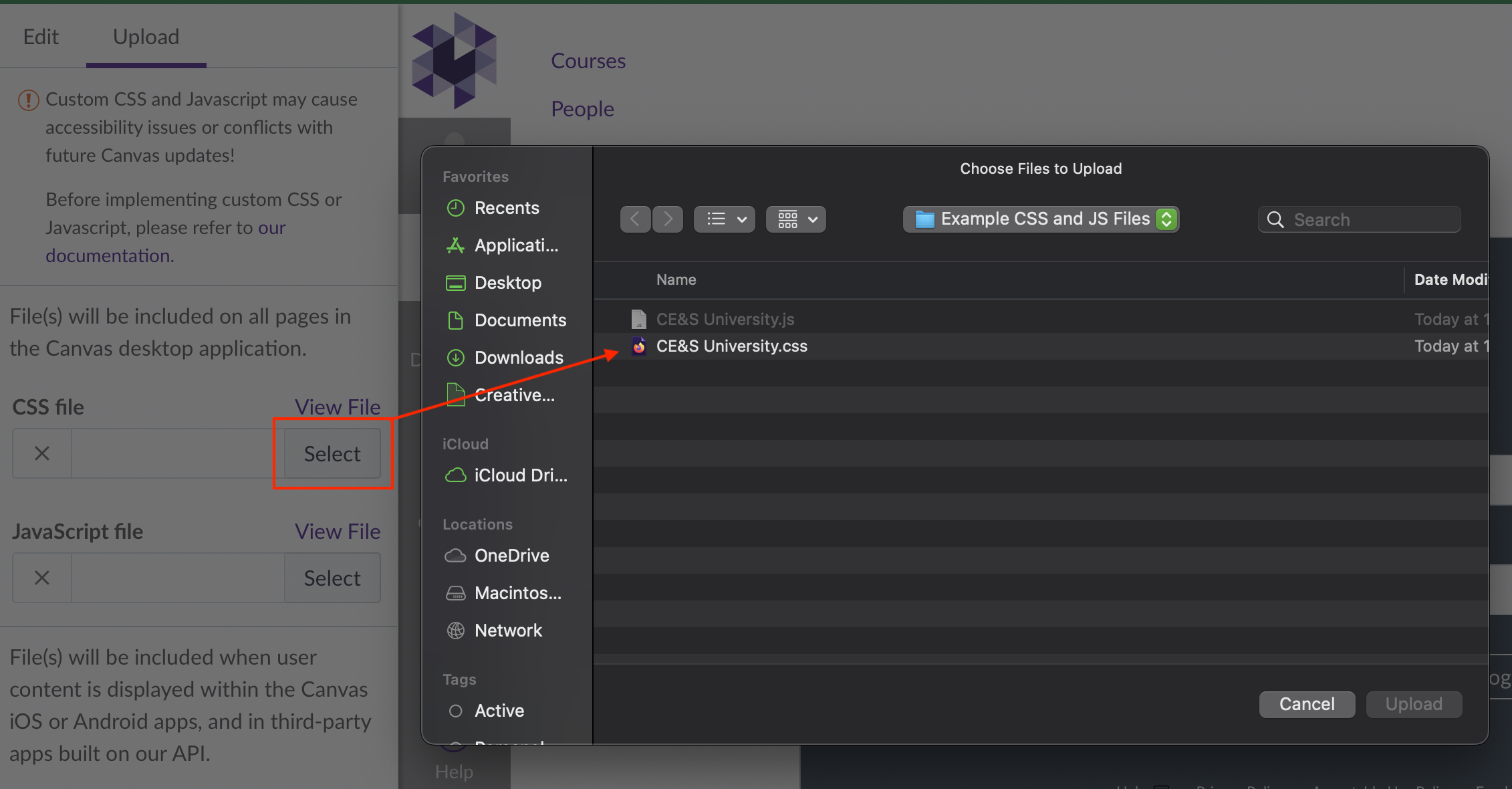 The Theme upload window showing the CSS file upload area with the Select button clicked, opening a file browser displaying two files, with an arrow pointing to the CE&S University.css file in the list.