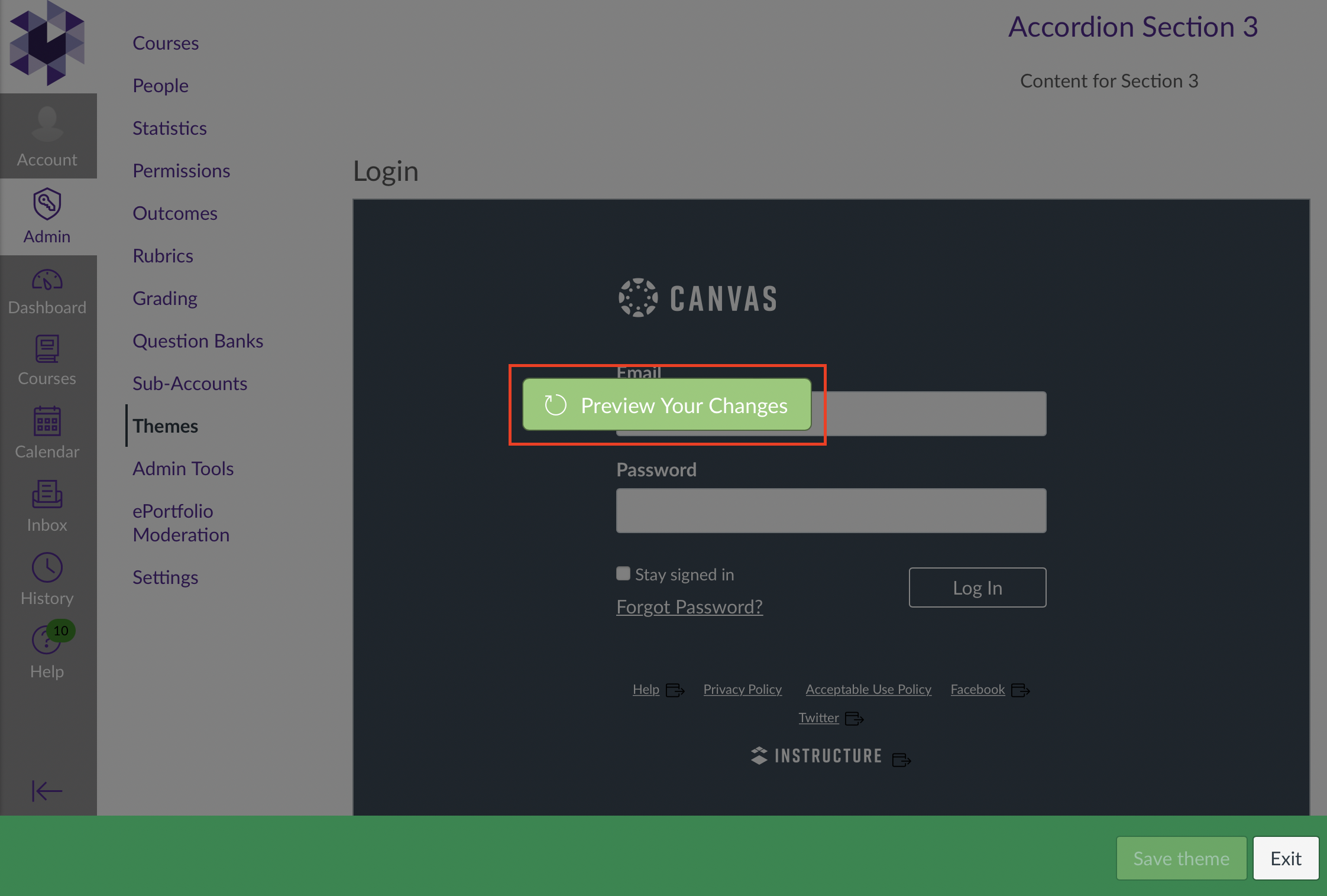 The Theme preview panel showing the Canvas login page with a green Preview Your Changes button centered over the preview, while Save theme and Exit buttons appear at the bottom.