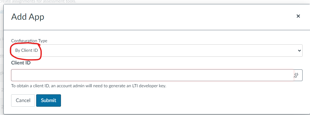  The Add App modal showing Configuration Type set to By Client ID, with the By Client ID option circled and an empty Client ID field displayed above Cancel and Submit buttons.
