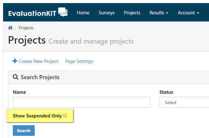 The Projects page showing options to create new project and page settings. Search Projects section showing fields for name and status. A checkbox labeled Show Suspended Only appears above the Search button.
