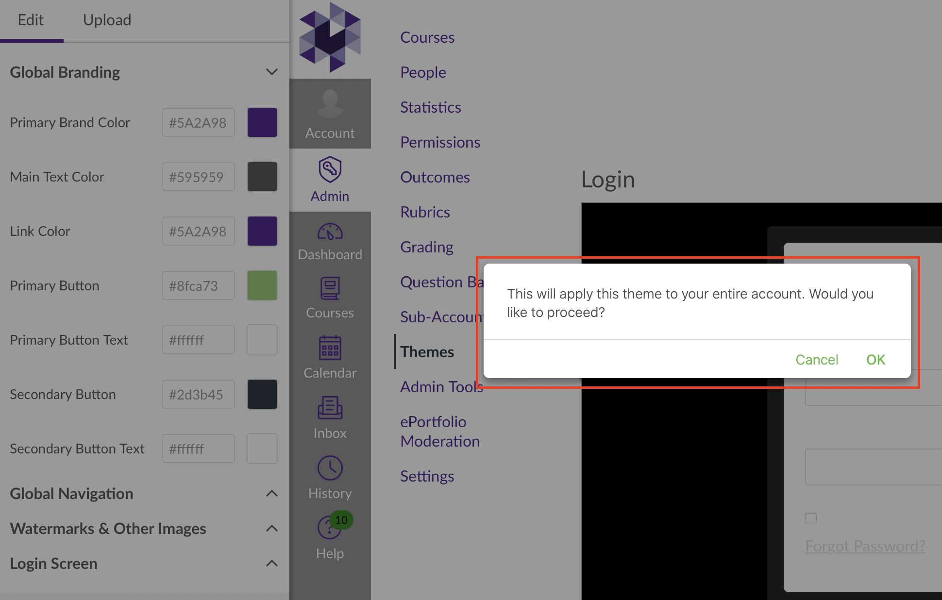 A confirmation dialog is appearing over the theme editor asking if the theme should be applied to the entire account, showing Cancel and OK buttons.