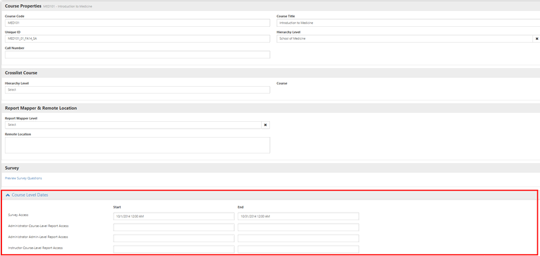 The course details page showing a section for setting course‑level dates.