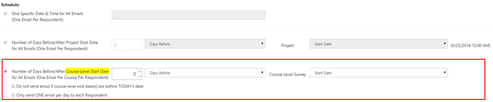 The scheduling options showing settings to send emails based on course‑level start dates.