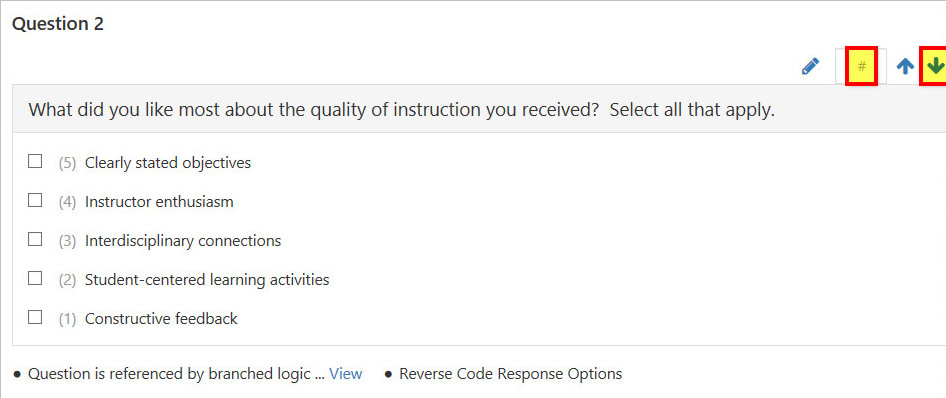 The survey editor showing a question with options to reorder and manage the question.