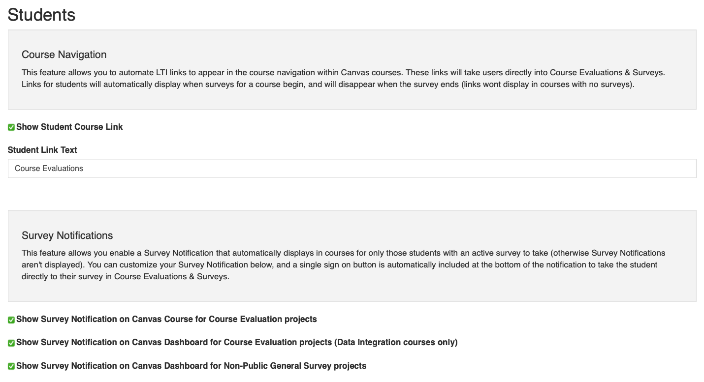 The Students section showing Course Navigation settings with a checkbox for showing the student course link and a text field for Student Link Text. The Survey Notifications section showing three checkboxes for displaying survey notifications in Canvas courses and on the Canvas dashboard for course evaluation and general survey projects.