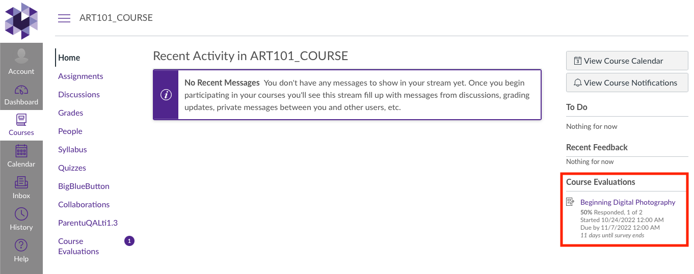 The course home page showing the Course Evaluations section on the right highlighted with an evaluation entry displaying the course title, response percentage, number of responses, start date, due date, and days remaining.