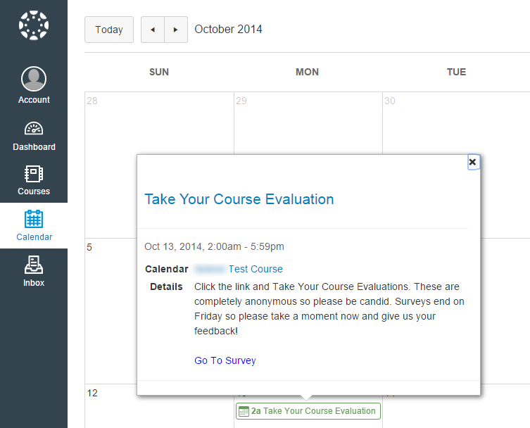 The calendar view showing a pop‑up event titled Take Your Course Evaluation with course details, a description about completing evaluations, and a Go To Survey link.