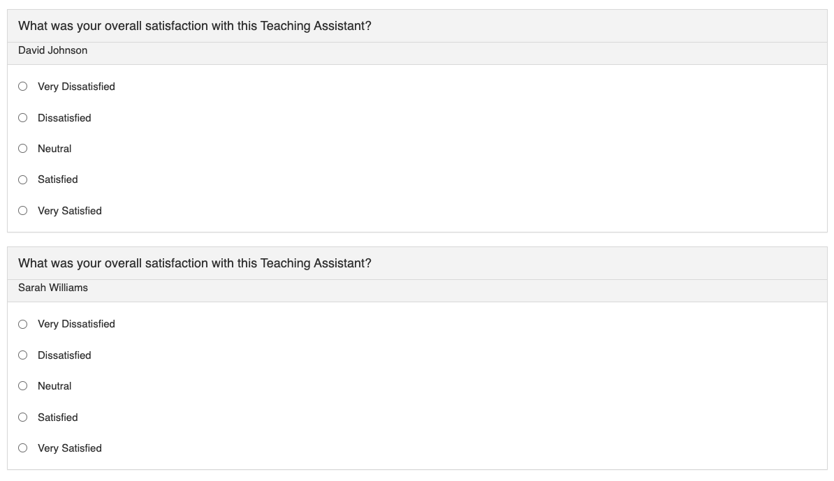 A survey preview showing teaching assistant evaluation questions repeated for multiple teaching assistants with each teaching assistant’s name included in the question.