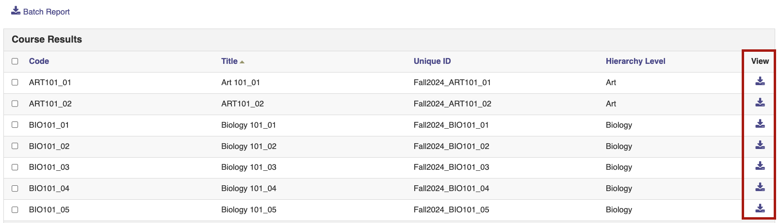 The Course Results table showing columns for code, title, unique ID, and hierarchy level, with each row displaying a course section and a View icon in the rightmost column.