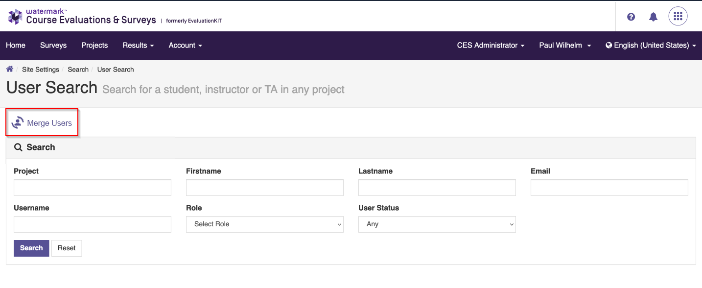 The User Search page showing fields for finding a student, instructor, or TA, including Project, Firstname, Lastname, Email, Username, Role dropdown, and User Status dropdown, with Search and Reset buttons. Highlighting Merge Users link.