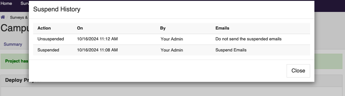 The Suspend History dialog showing a table of past suspend and unsuspend actions with corresponding dates, administrators, and email settings.