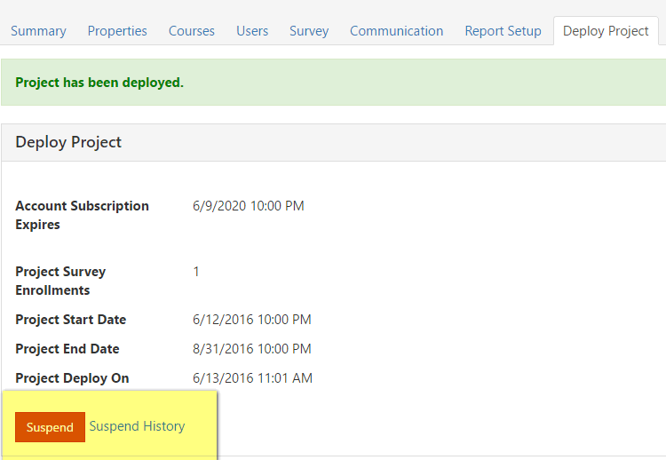​The Deploy Project page shows project subscription and date details. The Suspend button and Suspend history at the bottom left are highlighted.