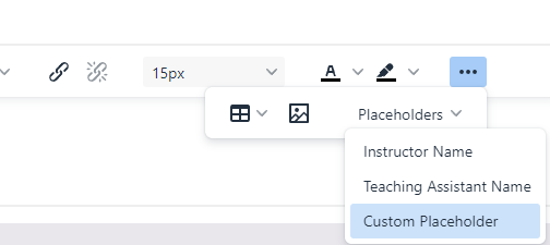The toolbar showing the More menu open with the Placeholders list expanded and Custom Placeholder highlighted.