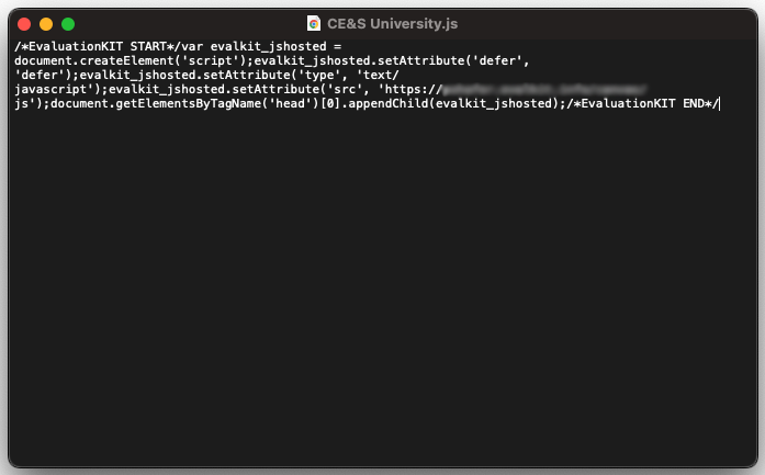 A JavaScript file editor is open showing a dark code window containing an EvaluationKIT script block that loads an external JavaScript file using a dynamically created script tag.