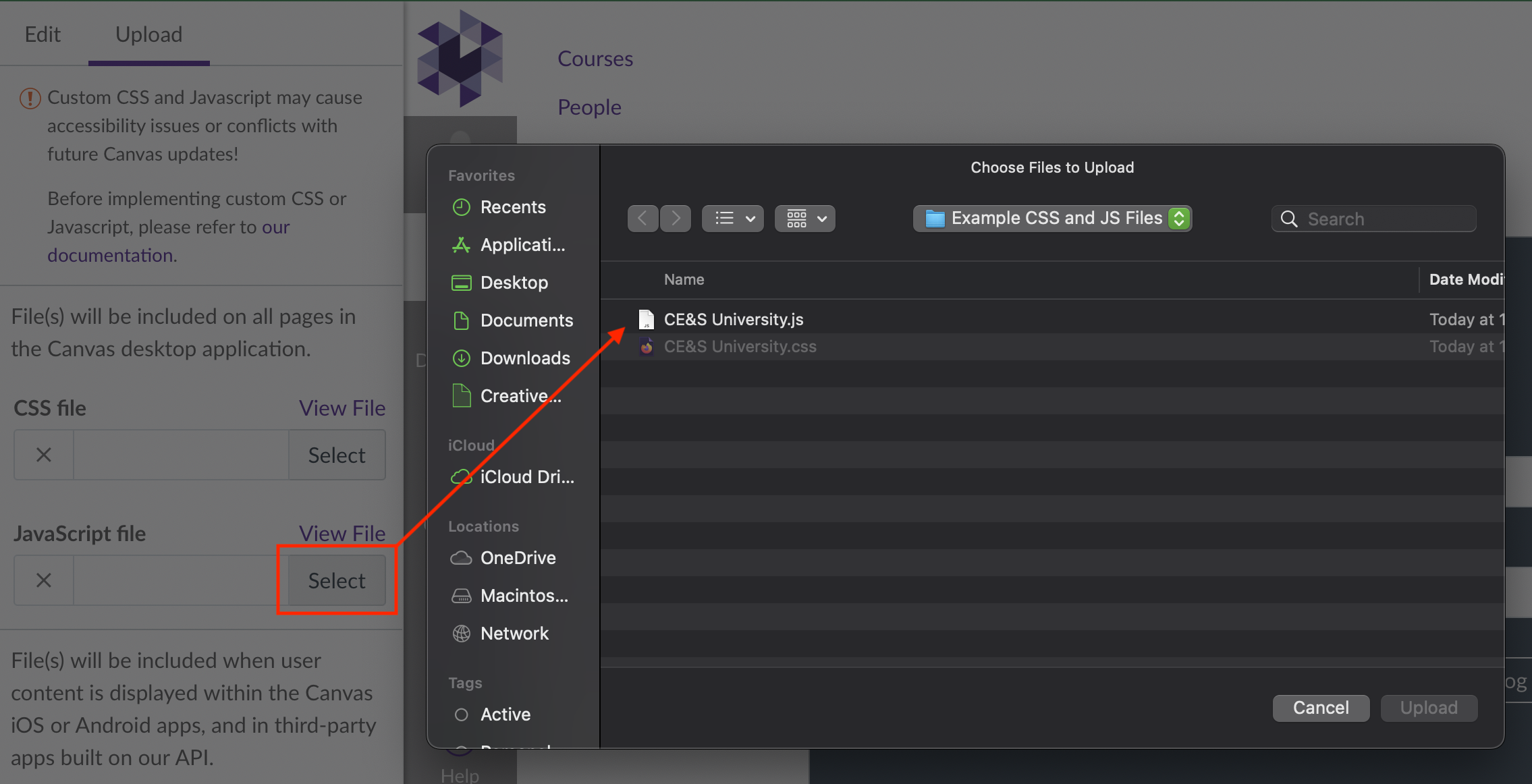 The Theme upload window showing the JavaScript file upload area with the Select button clicked, opening a file browser where the arrow is pointing to the CE&S University.js file in the list.