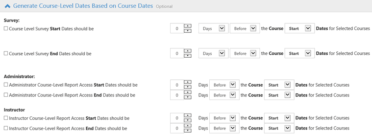 The course date settings panel showing options to set start and end dates for surveys, administrators, and instructors.