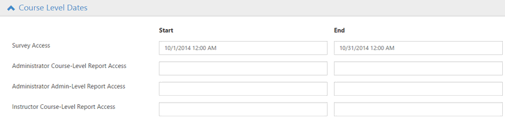 The course‑level dates section showing start and end fields for survey and report access.