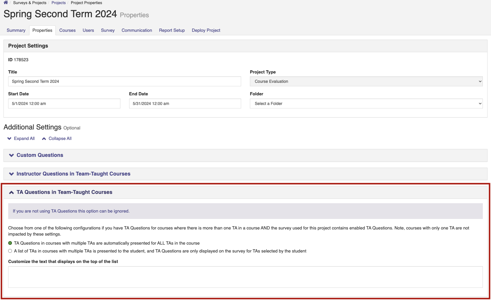 A Project Properties page showing the TA Questions in Team-Taught Courses section with options to configure how teaching assistant questions appear in surveys.