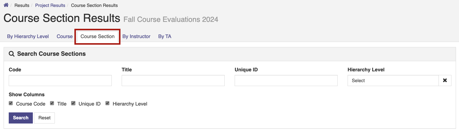 The Course Section Results page showing the Course Section tab highlighted, with search fields for code, title, unique ID, and hierarchy level, along with checkboxes for selecting which columns to show and Search and Reset buttons.