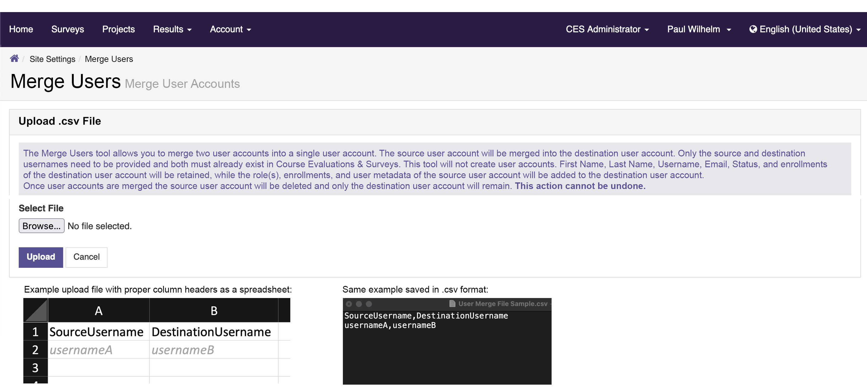 The Merge Users page showing fields for uploading a CSV file to merge user accounts, displaying a file‑selection field labeled Select File with Browse, Upload, and Cancel buttons, along with example spreadsheet and CSV formats.