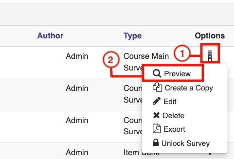 The Survey list showing a row with an Options menu open, displaying actions including Preview, Create a Copy, Edit, Delete, Export, and Unlock Survey. The Preview option highlighted.