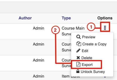 The Survey list showing an Options menu open with actions including Preview, Create a Copy, Edit, Delete, Export, and Unlock Survey, with Export highlighted.