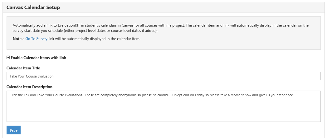 The Canvas Calendar Setup section showing a checkbox for enabling calendar items with a link, a text field for the calendar item title, and a text area for the calendar item description, followed by a Save button.