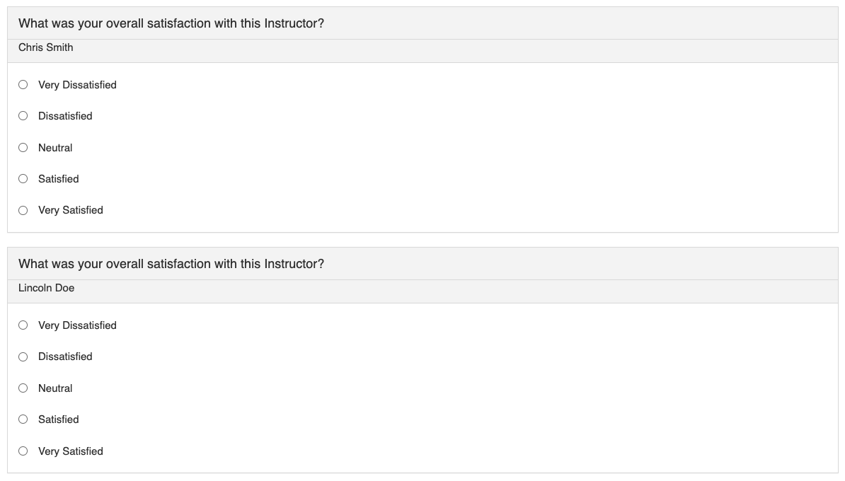 A survey preview showing instructor evaluation questions repeated for multiple instructors with each instructor’s name included in the question.