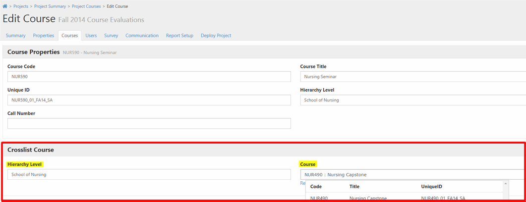 The Edit Course page showing Course Properties with fields for Course Code, Course Title, Unique ID, Hierarchy Level, and Call Number. The Crosslist Course section below showing a Hierarchy Level field set to School of Nursing and a Course field displaying NUR490: Nursing Capstone with its table of related course details.