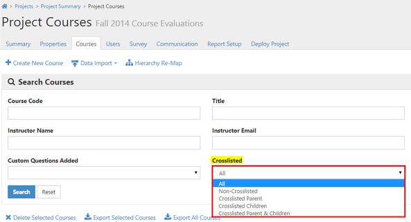 The Project Courses page showing the Search Courses section with fields for Course Code, Title, Instructor Name, Instructor Email, and Custom Questions Added. The Crosslisted dropdown expanded, displaying options for All, Non‑Crosslisted, Crosslisted Parent, Crosslisted Children, and Crosslisted Parent & Children. The section showing Search and Reset buttons below the fields.