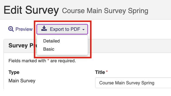 The Edit Survey page showing an Export to PDF menu open with options for Detailed and Basic highlighted.